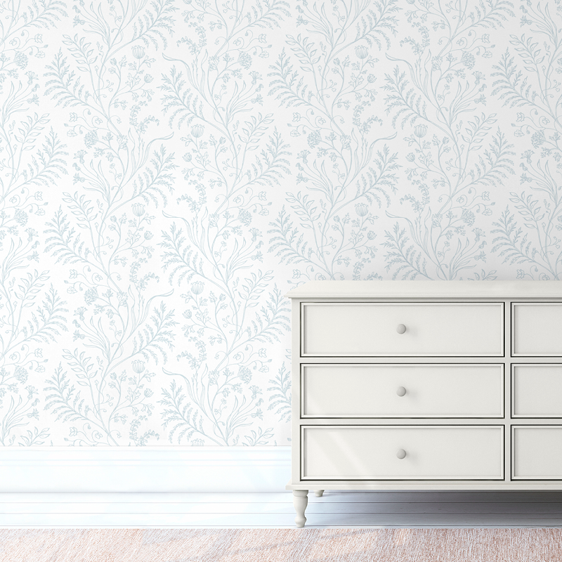 Fern Blue on White Wallpaper
