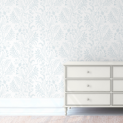 Fern Blue on White Wallpaper