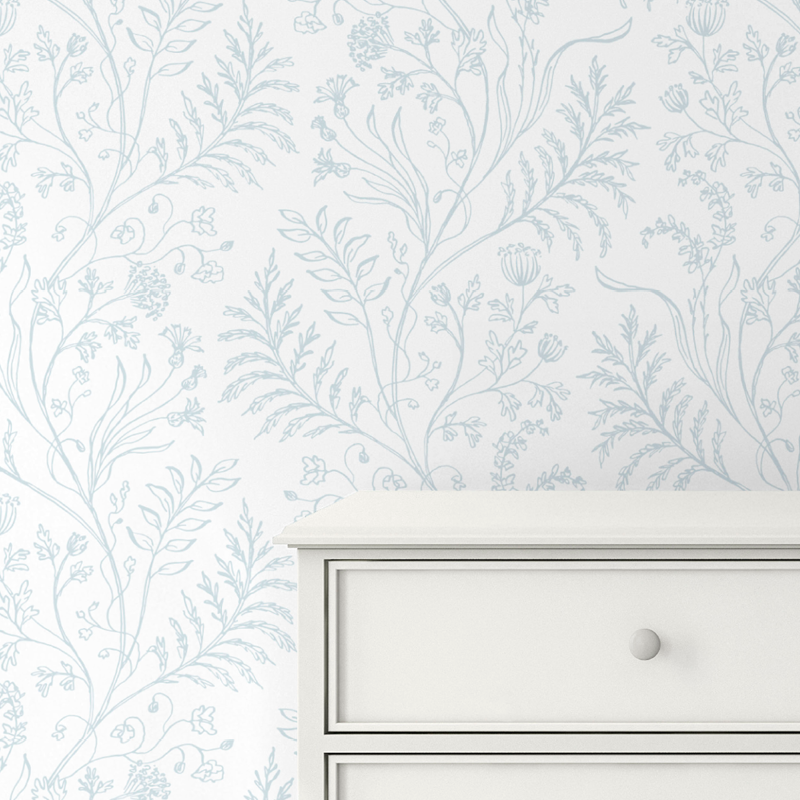 Fern Blue on White Wallpaper
