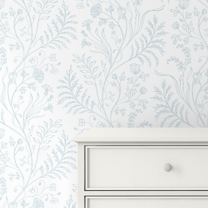Fern Blue on White Wallpaper