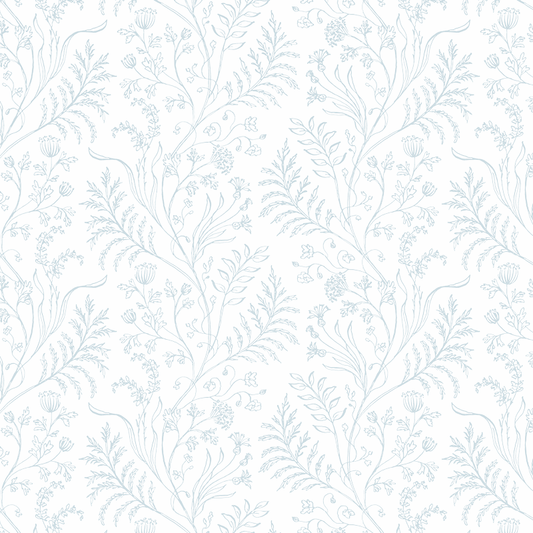 Fern Blue on White Fabric