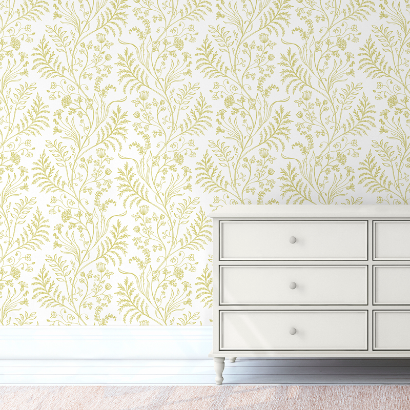 Fern Chartreuse on White Wallpaper
