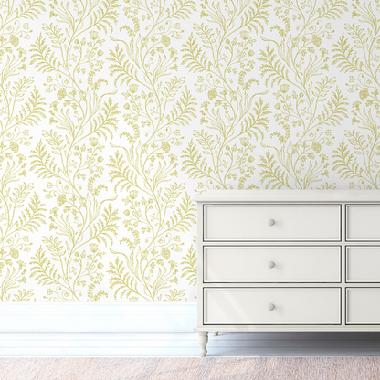 Fern Chartreuse on White Wallpaper