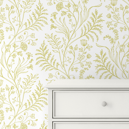 Fern Chartreuse on White Wallpaper