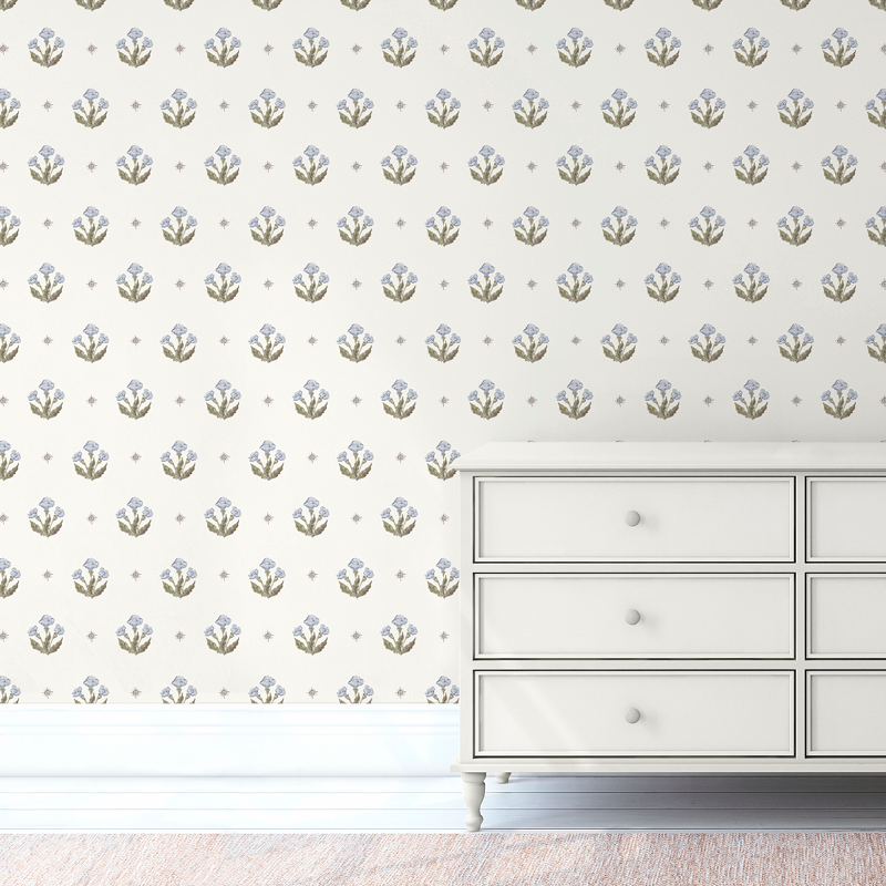 Julia's Blooms Blue Block Print Wallpaper