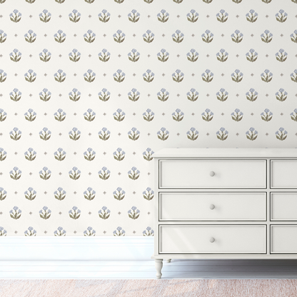 Julia's Blooms Blue Block Print Wallpaper