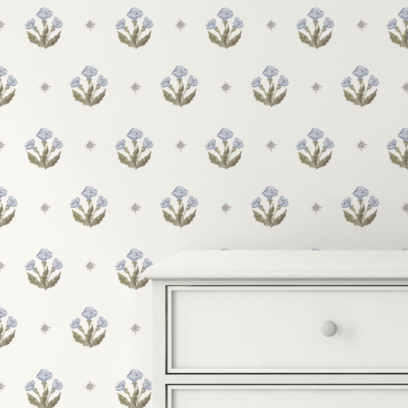 Julia's Blooms Blue Block Print Wallpaper
