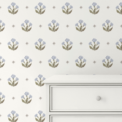 Julia's Blooms Blue Block Print Wallpaper
