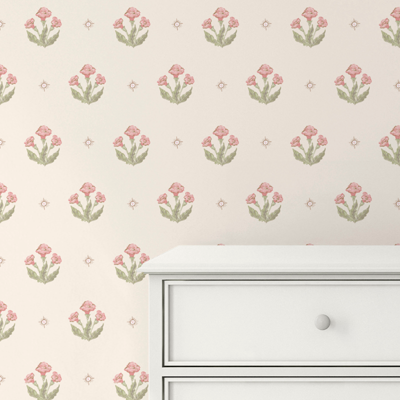 Julia's Blooms Pink Block Print Wallpaper